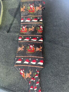 Black Santa & Reindeer Holiday Tie with Red Accents